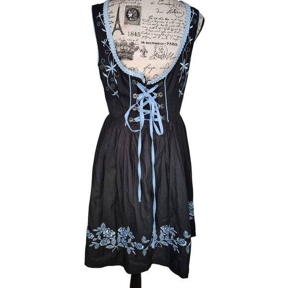 Dirndl Dress Navy Blue Embroidered Flower Oktoberfest Corset Size 38, US Medium - Picture 2 of 8